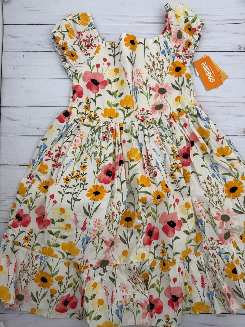 Gymboree Floral Cotton Ruffle-Sleeve Dress in White, Yellow, Pink, Green, Blue